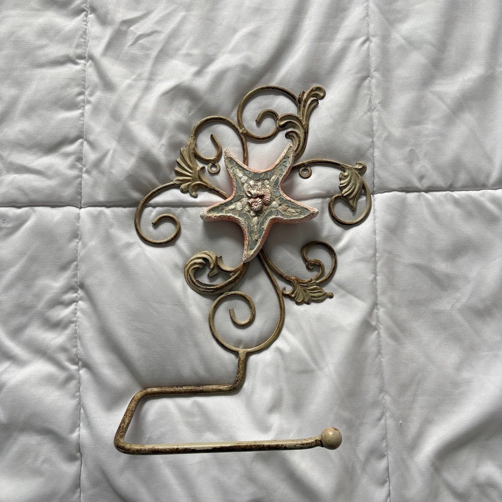 Vintage Coastal Starfish Scroll Metal Wall Towel Toilet Paper Holder Beachy